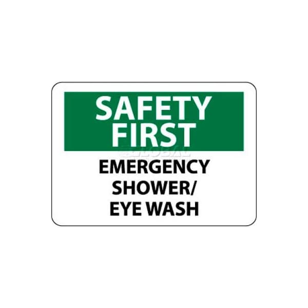 NMC OSHA Sign, Safety First - Emergency Shower/Eye Wash, 10in X 14in, White/Green/Black